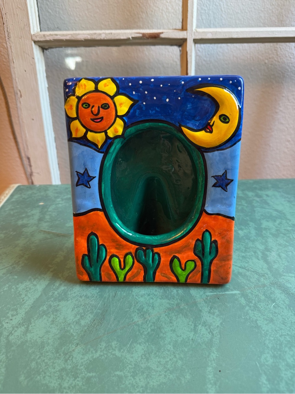 Hand-Painted Talavera Style Ceramic Picture Frame - Bright Sun & Moon